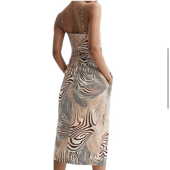 REISS Linen Blend Zebra Print Dress Size 10 Cream Brown Surplice Tie Waist Midi - Picture 3 of 14